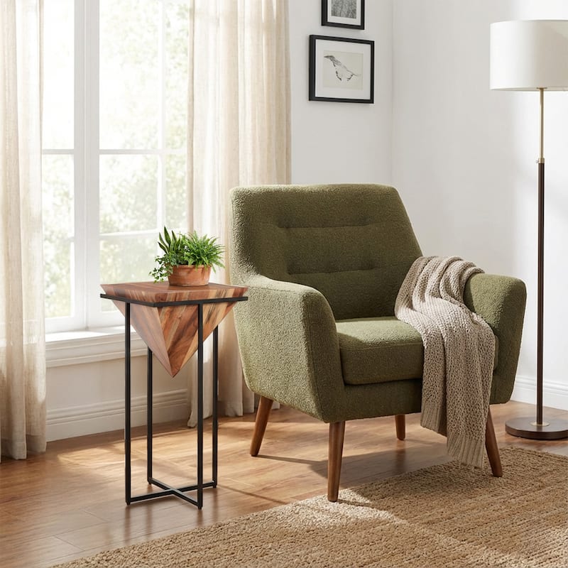 Ida 30 Inch Pyramid Shape Acacia Wood Side Table With Cross Iron Base, Brown and Black