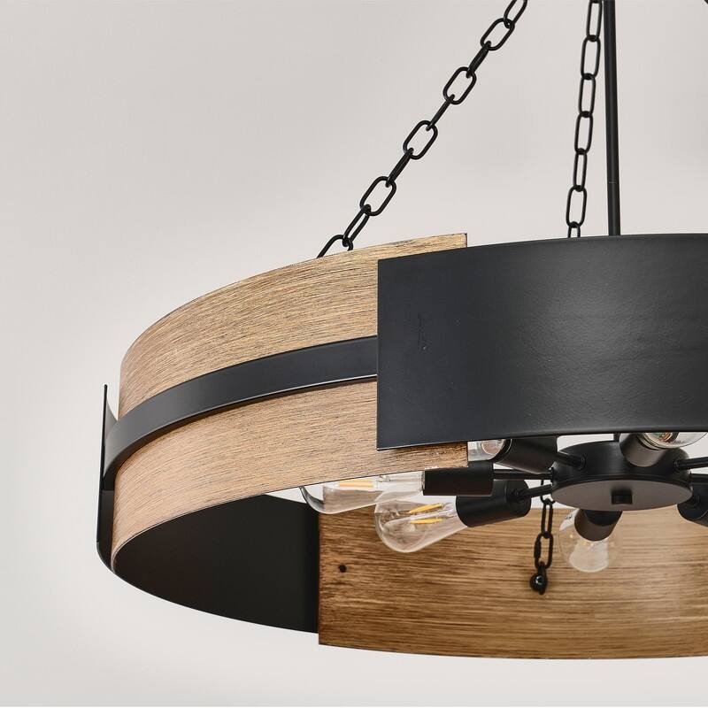 Farmhouse Drum Chandelier Wood Grain Rustic Industrial Round Metal Pendant Light