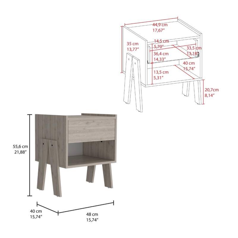 Modern Nightstand with Drawer and Open Shelf, Light Gray, Space-Saving Design