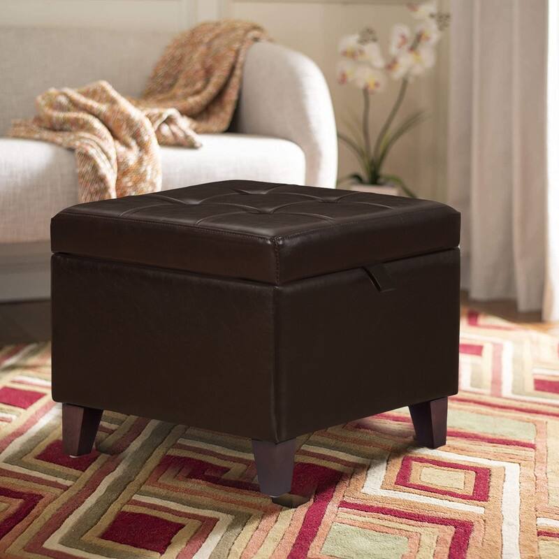 Adeco Faux Leather Storage Ottoman Square Bench Footrest Stool