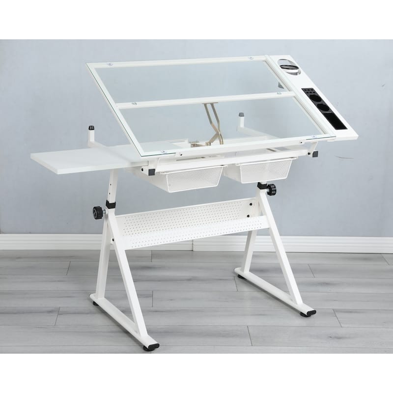 Adjustable Drafting Drawing Table Student Desks Writing Desks Art Desk Drafting Desk Hutch Desk with Stool and 3 Drawers - White