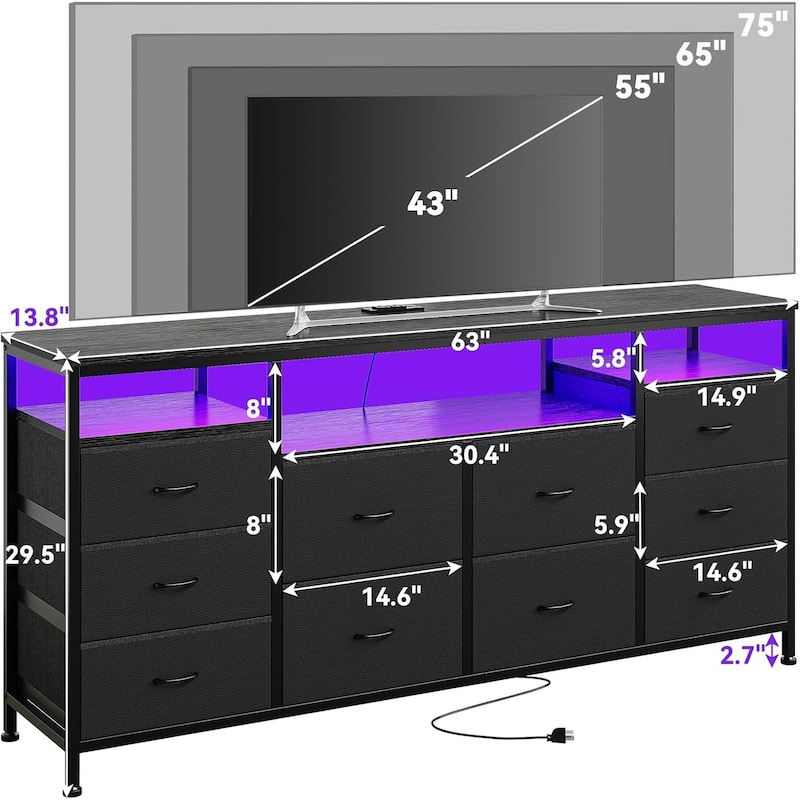 63.3 Inch Black Dresser for Bedroom, 10 Drawer Dresser TV Stand