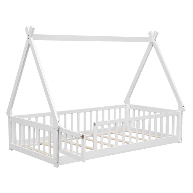 Kids Teepee Bed with Guardrails, Twin/Full Size Floor Bed