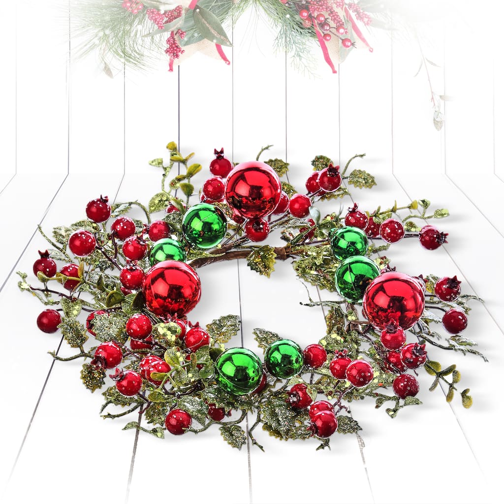 12" Glitter Ornament Ball Smilax Candle Ring