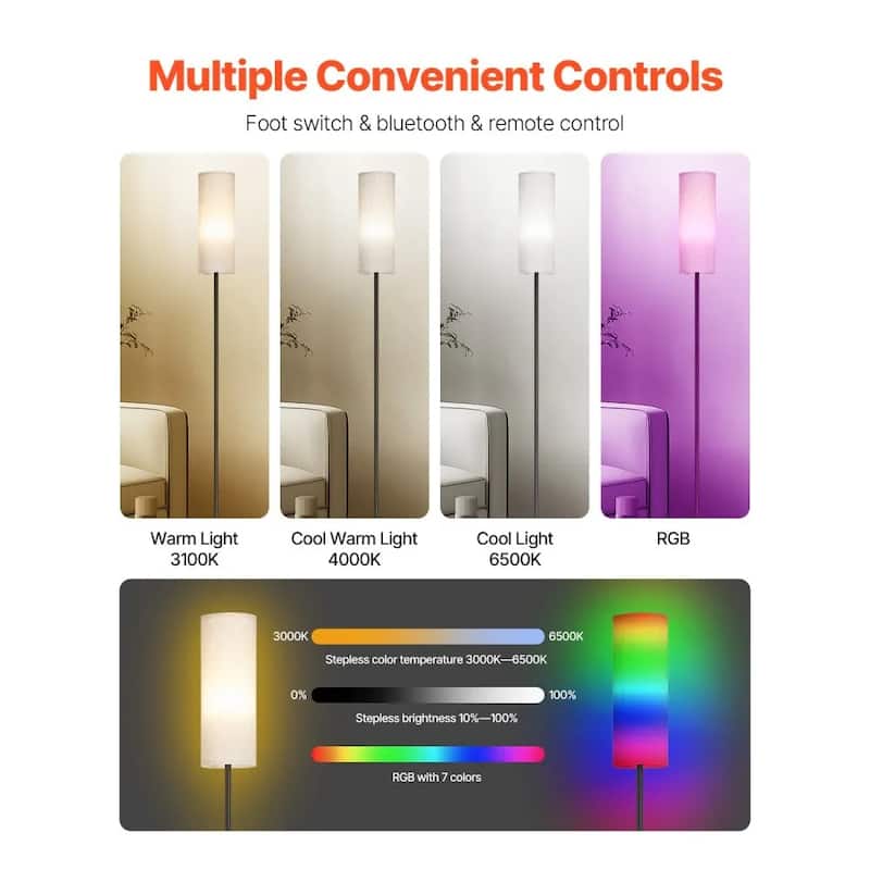 Modern Dimmable Floor Lamp with Remote Bluetooth App Control Adjustable LED Light and RGB Modes - N/A