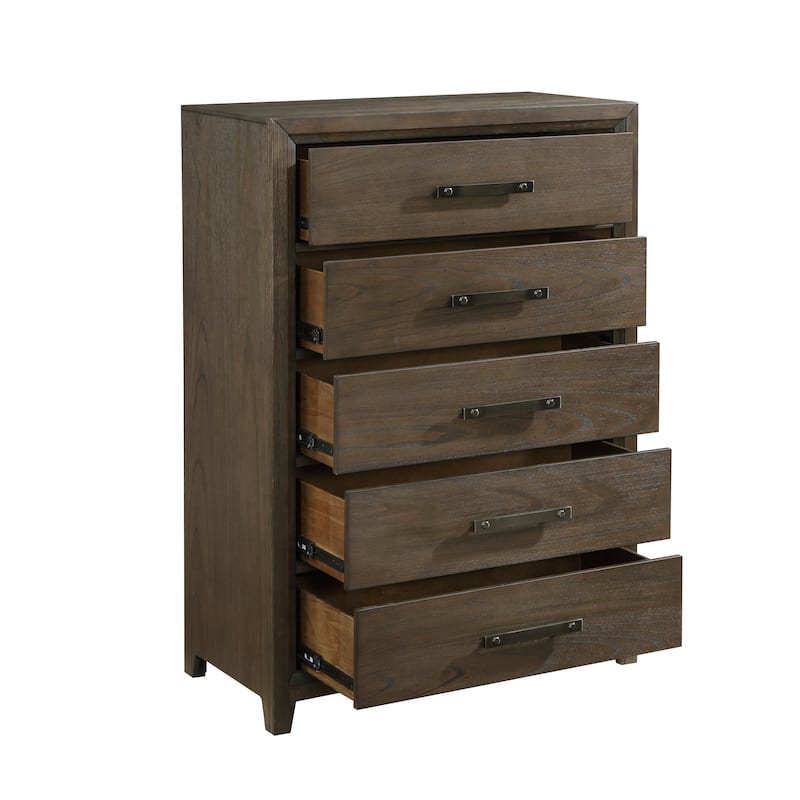 Wyn 52 Inch Tall Dresser Chest, 5 Drawers, Nickel Handles, Walnut Brown