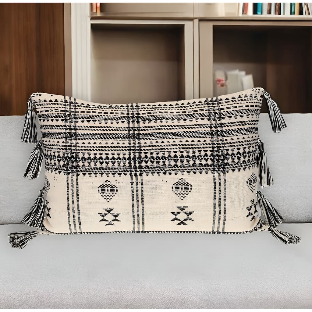 HomeRoots 14" X 20" Beige and Black Southwestern Cotton Throw Pillow With Tassels