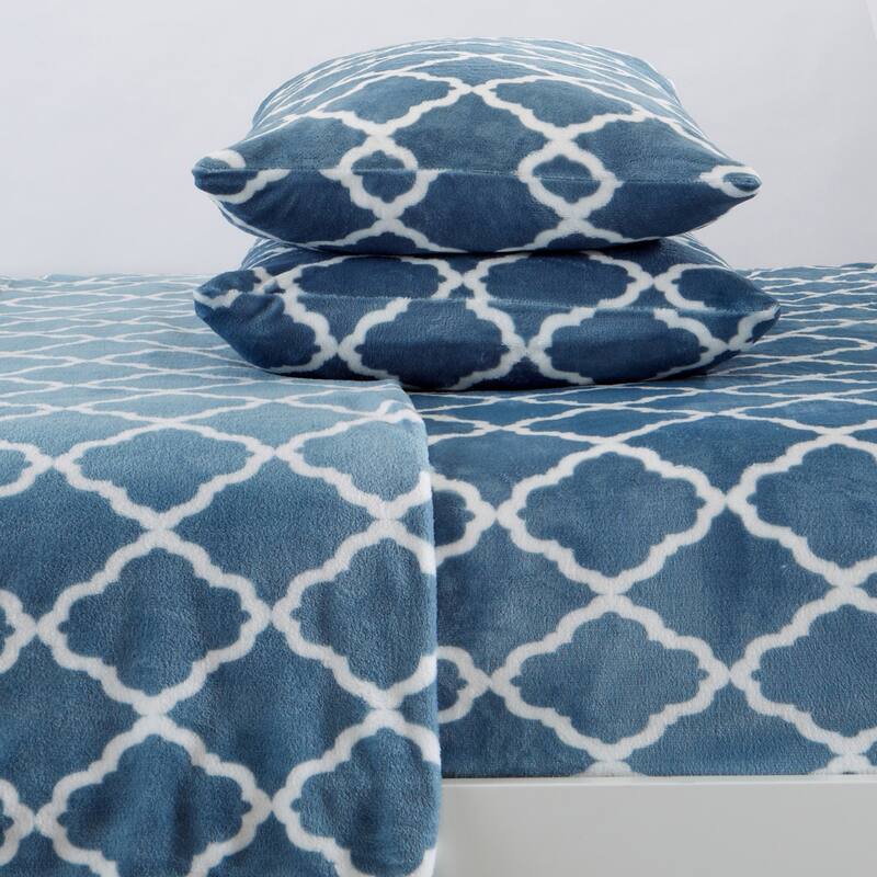 Great Bay Home Extra Soft Cozy Velvet Plush Printed Bed Sheet Set - smoke blue / white - Full