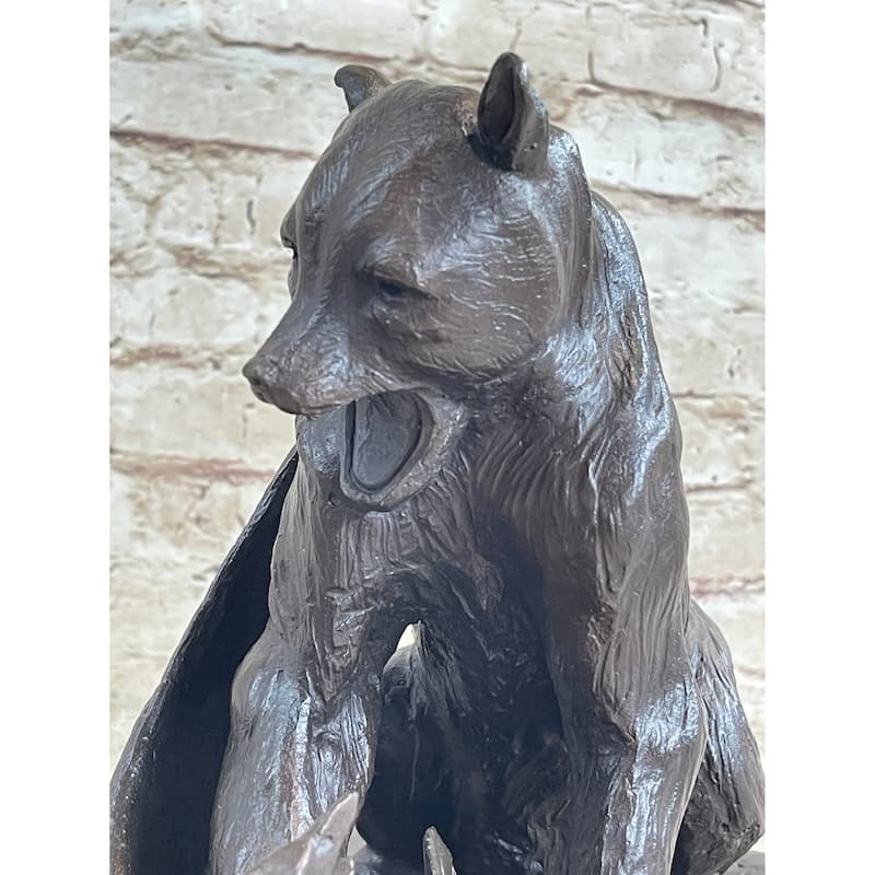 Signed Barye Bear Attacking Eagle Bronze Sculpture Marble Base Figurine Statue