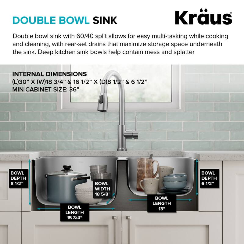 Kraus KBU24-100-75MB Premier 32” Undermount 60/40 Double Bowl 18-Gauge - Stainless Steel