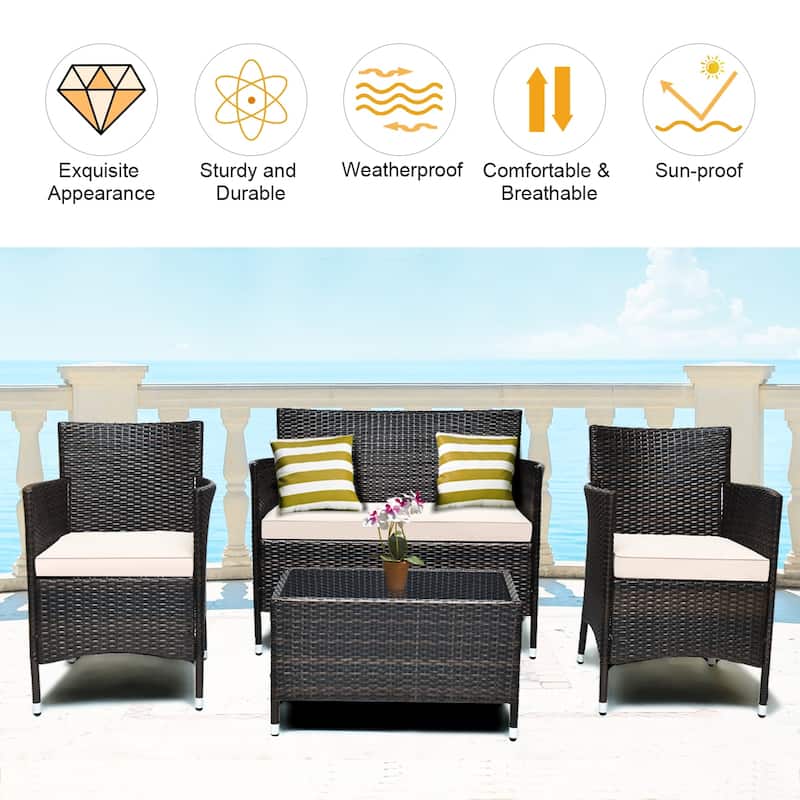 Rattan Patio Conversation Furniture Set with Glass Table and Comfortable Sofa - 4 Pcs