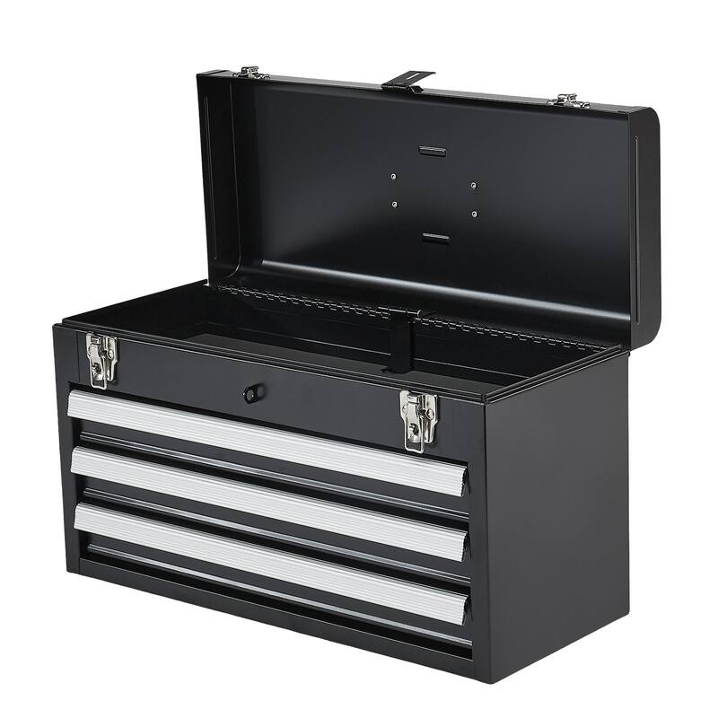 20.5 Inch Black Metal Portable Toolbox with 3 Drawers and Built In Lock Hole - 20.5 x 8.6 x 12 in