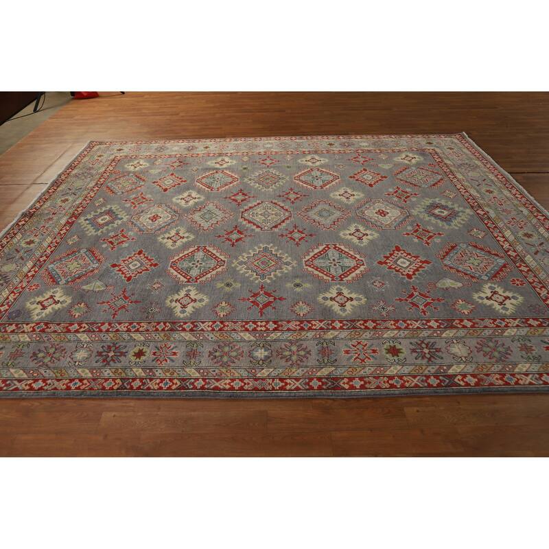 Hand Knotted Oriental 100% Wool Carpet Traditional Geometric Greys & Charcoal Kazak Area Rug - 9' 10'' X 8' 2''