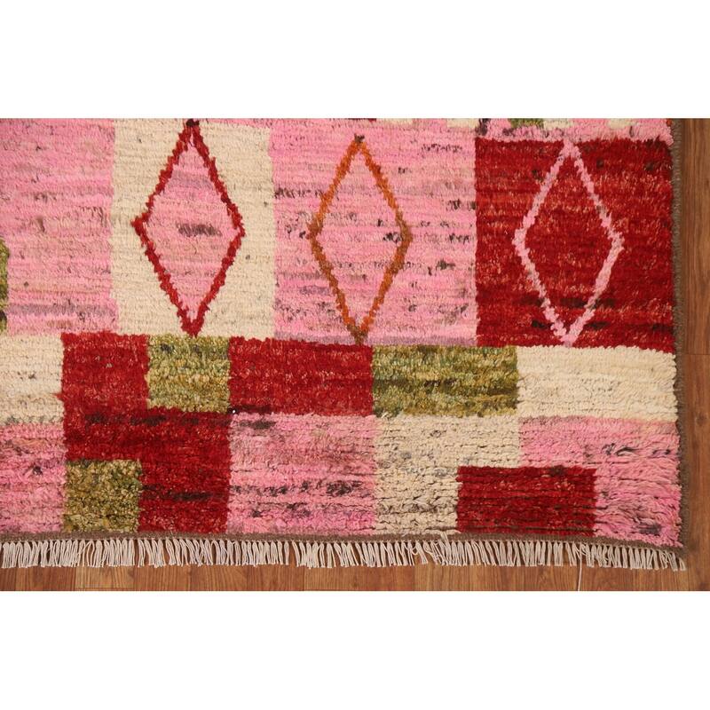 Hand Knotted Oriental 100% Wool Carpet Modern Tribal Pink Moroccan Area Rug - 9' 10'' X 6' 5''