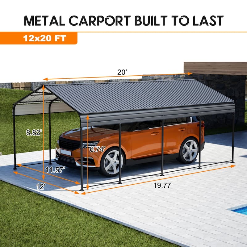 12X20 FT Metal Carport Heavy Duty Outdoor Galvanized Car Shelter