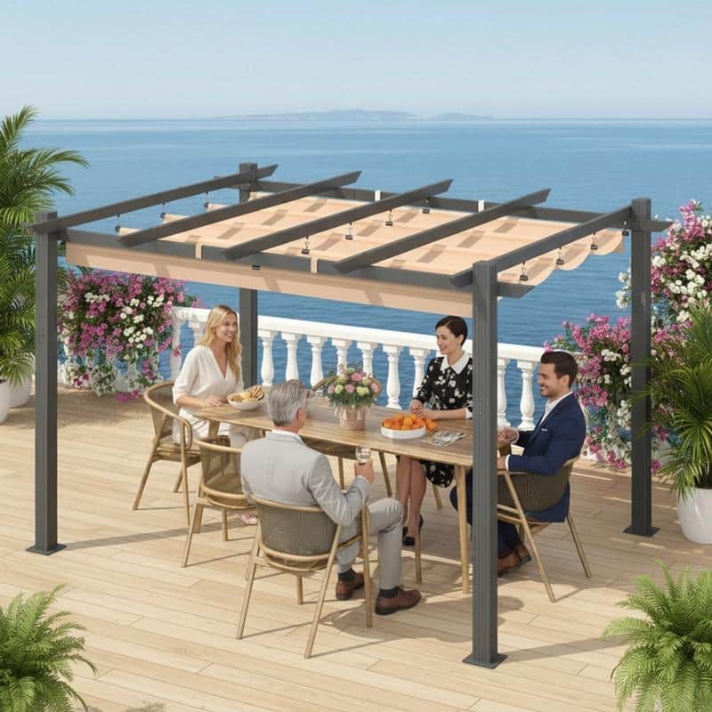 EROMMY 10' x 13' Outdoor Pergola with Retractable Canopy, Heavy-Duty Metal Frame and Adjustable Patio Shade Roof