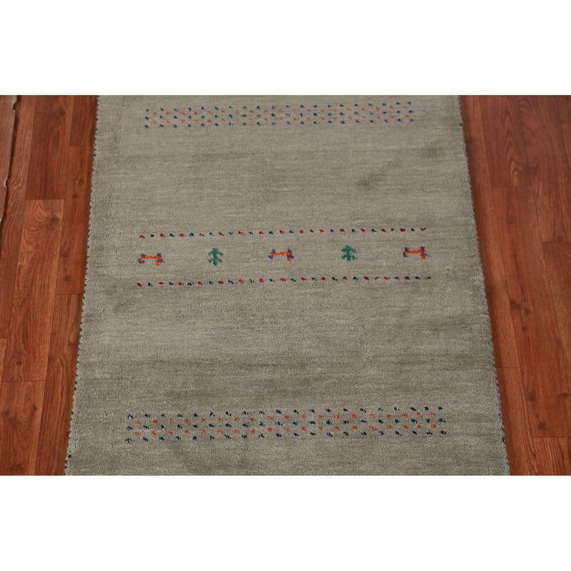 Hand Knotted Oriental 100% Wool Carpet Tribal Animal Pictorial Green Gabbeh Runner Rug - 6' 6'' X 2' 9''