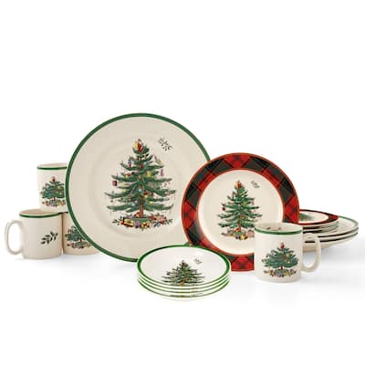 Spode Christmas Tree Tartan 16 Piece Dinnerware Set - 10" Plate, 7.25" Salad Plate, 16 oz Bowl, 9 oz Mug