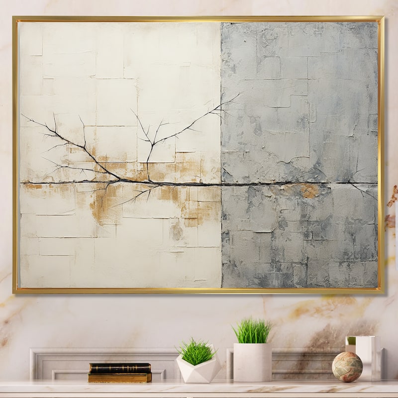Designart "Grey And White Nature Split" Abstract Shapes Framed Wall Art Prints - 20 in. wide x 12 in. high - Gold