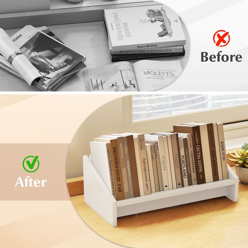 Gymax 2PCS-Wooden Tilting Bookcase Space-Saving Desktop Shelf for