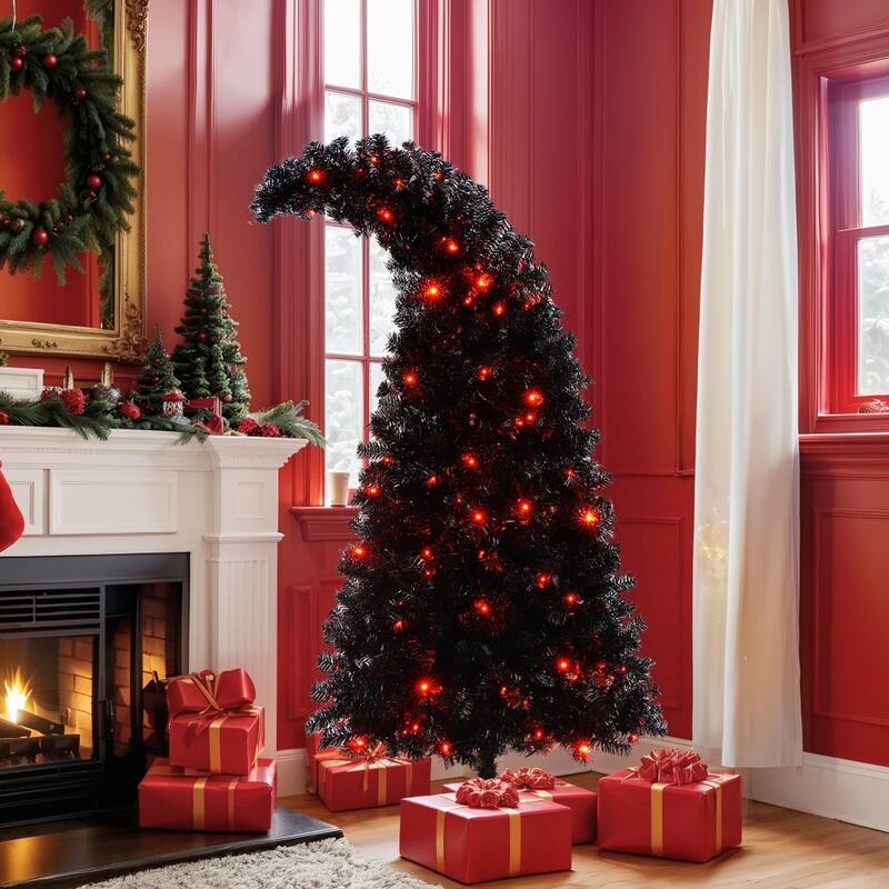 6FT Artificial Pre-Lit Curved Shape Artificial Whimsical Christmas Tree with LED Light and 900 Tips - Black - 6 Foot