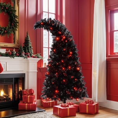 6FT Artificial Pre-Lit Curved Shape Artificial Whimsical Christmas Tree with LED Light and 900 Tips