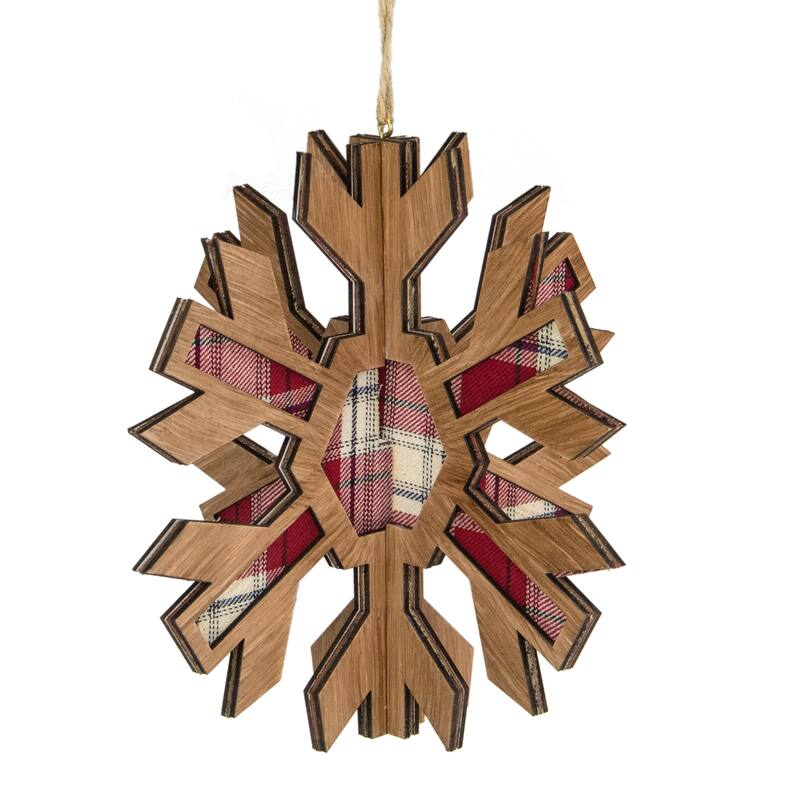 Faux Wood and Plaid 3-D Starburst Snowflake Christmas Ornament - 7" - Brown and Red
