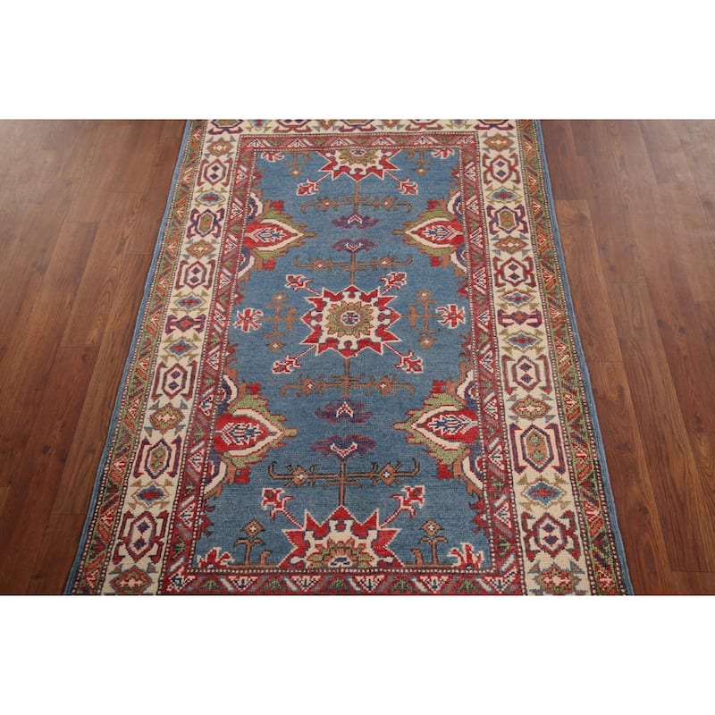 Blue Geometric Kazak Oriental Foyer Rug Handmade Wool Carpet - 2'11" x 4'11"