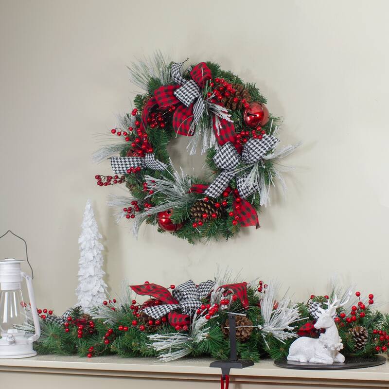 Plaid Houndstooth Red Berries Artificial Christmas Wreath - 24", Unlit