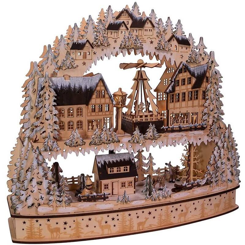 Kurt Adler 16-Inch Battery-Operated Light-Up Wooden Village with Motion