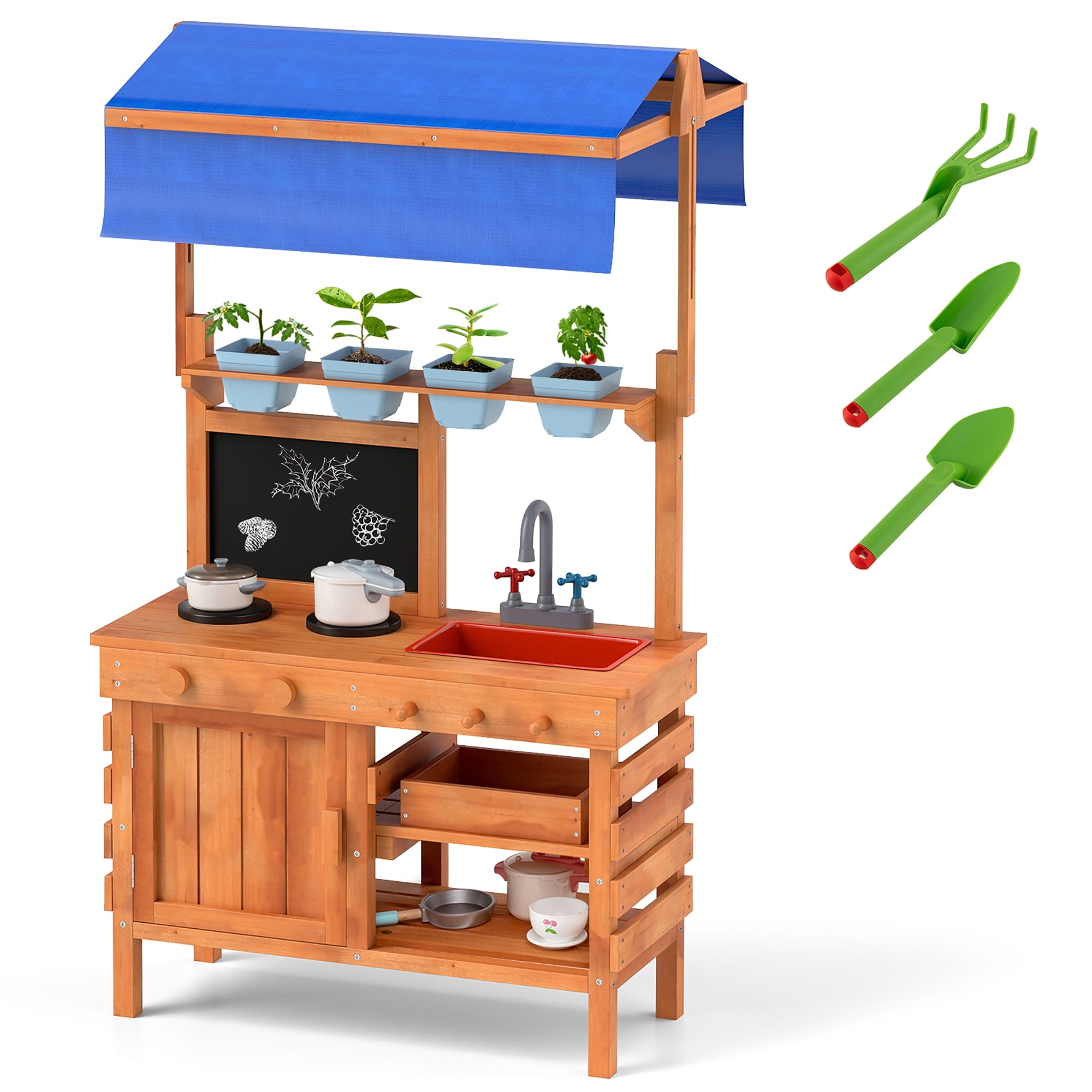 Gymax Mud Kitchen Wooden Pretend Play Kitchen w/ Height Adjustable