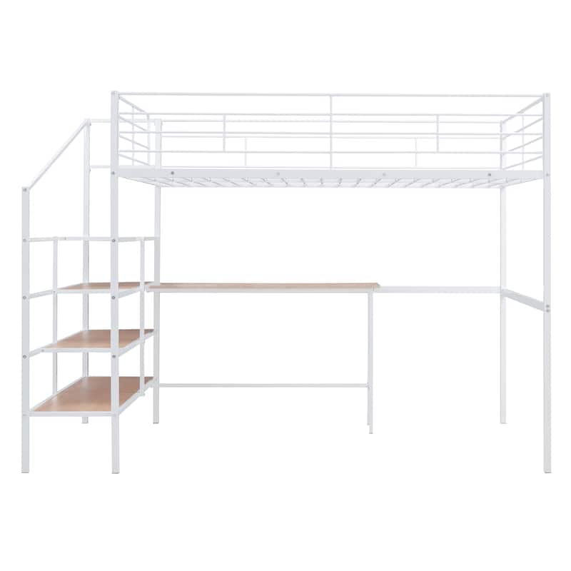 Metal Kids Loft Bed Frame, Under Bed with Desk and Storage Shelves, Lateral Storage Ladder & Slatted Guardrails