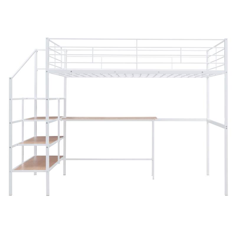 White Full Size Metal Loft Bed with Built-in Desk and Storage Ladder