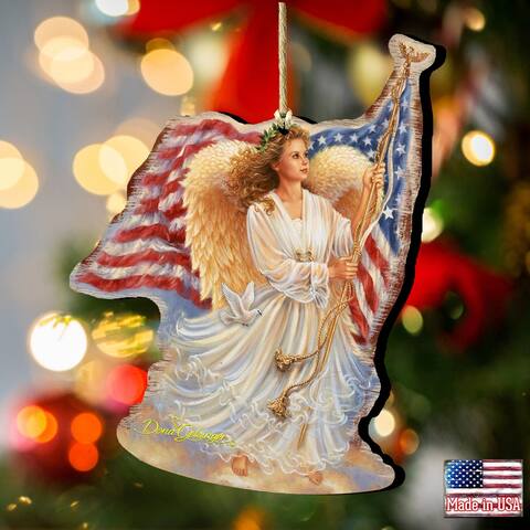 Set of 2 Angel Waving American Flag Wooden Christmas Ornaments 5.5"