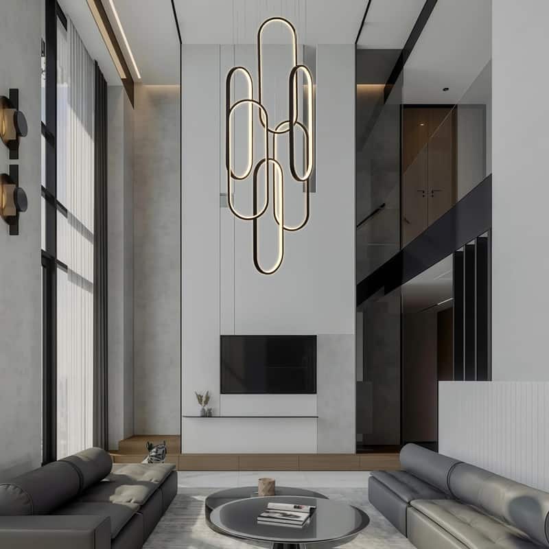 6 Rings Modern Chandelier Dimmable LED Living Room Foyer Chandelier Lighting Fixture High Ceiling Pendant Light Fixture