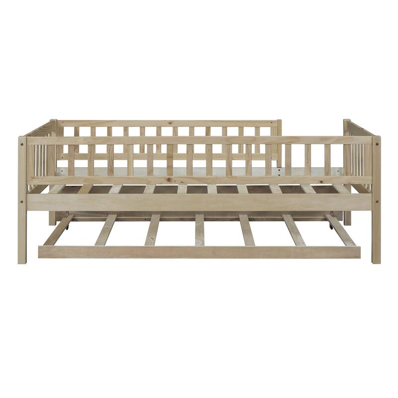 Twin Daybed with Trundle, Wood Twin Size Kids Bed Frame with Fence, Twin Trundle Bed for Girls, Boys, Twin Platform Bed