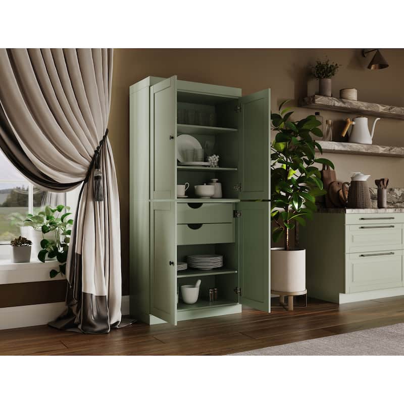 Palace Imports 100% Solid Wood 32" Pantry Cabinet with Shaker Doors, 2-Drawers and Adjustable Shelves - Sage