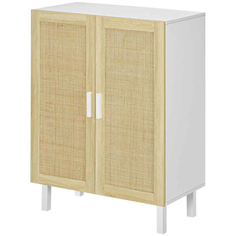 Sideboard Buffet Cabinet with 2-Rattan Doors, Adjustable Shelves, Boho Kitchen Storage Cabinet for Living Room, Black & Natural
