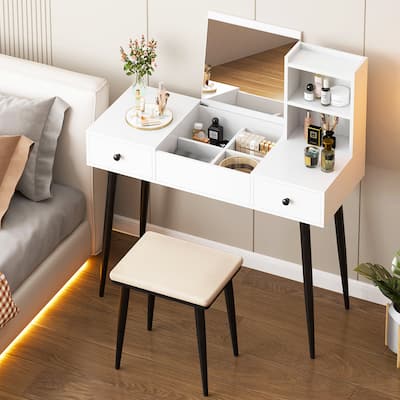 Makeup Vanity Set White Dressing Table with hideable Mirror