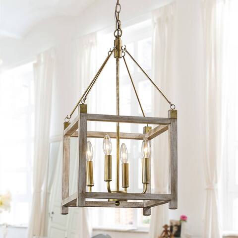 Farmhouse Wood 4-Light Lantern Square Chandelier Pendant Light