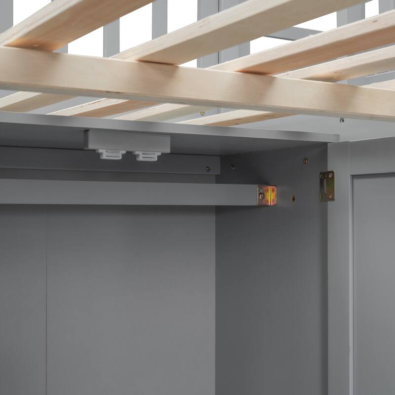 Full Size Loft Bed with Built-in Bookshelf, Drawers, Desk and Wardrobe in Gray
