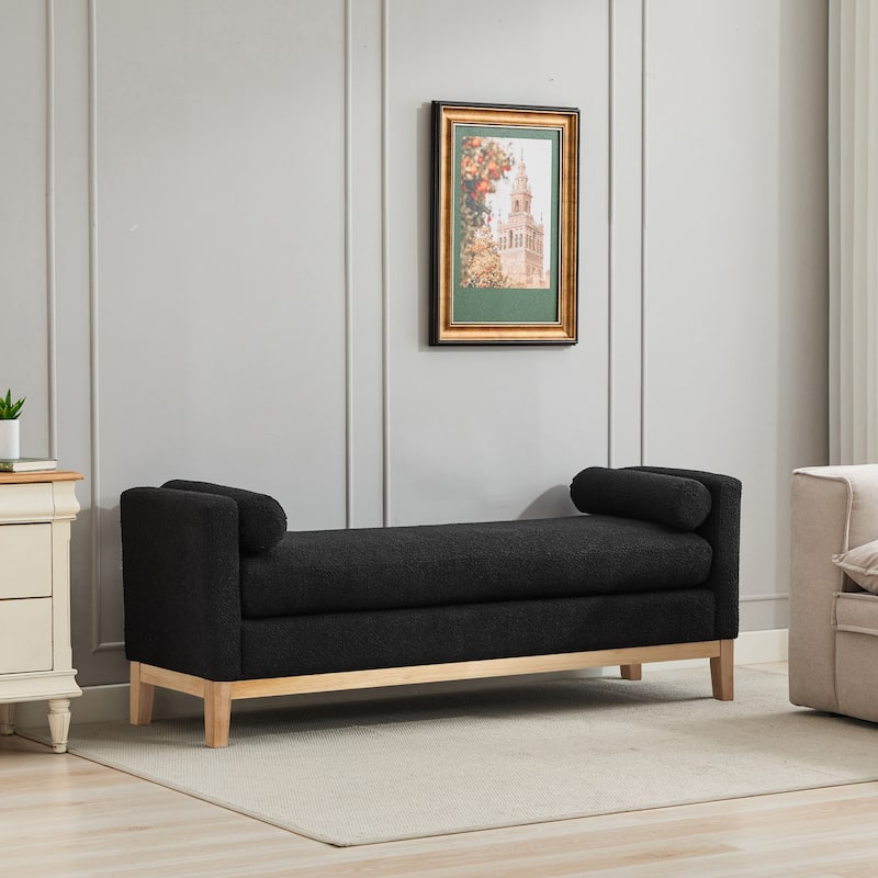 66.34"W Elegant Upholstered Bench, Ottoman with Nature Wood Legs & 2 Bolster Pillows for End of Bed, Bedroom, Living Room - Black