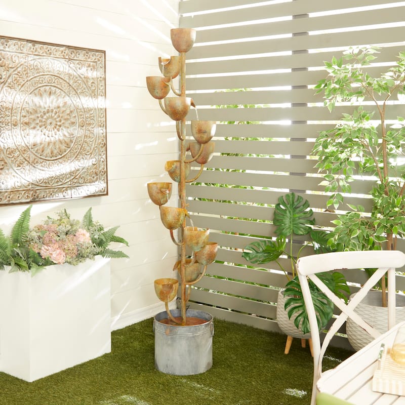 Copper Metal Fountain with Cascading Cups - 13"L x 13"W x 75"H - Gold - Floor - Iron