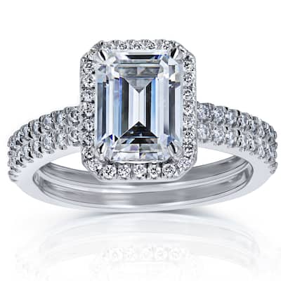 Kobelli 2.2 Carat Moissanite & Lab Grown Diamond 14k Solid Gold Emerald Halo Half Eternity Emma Bridal Set