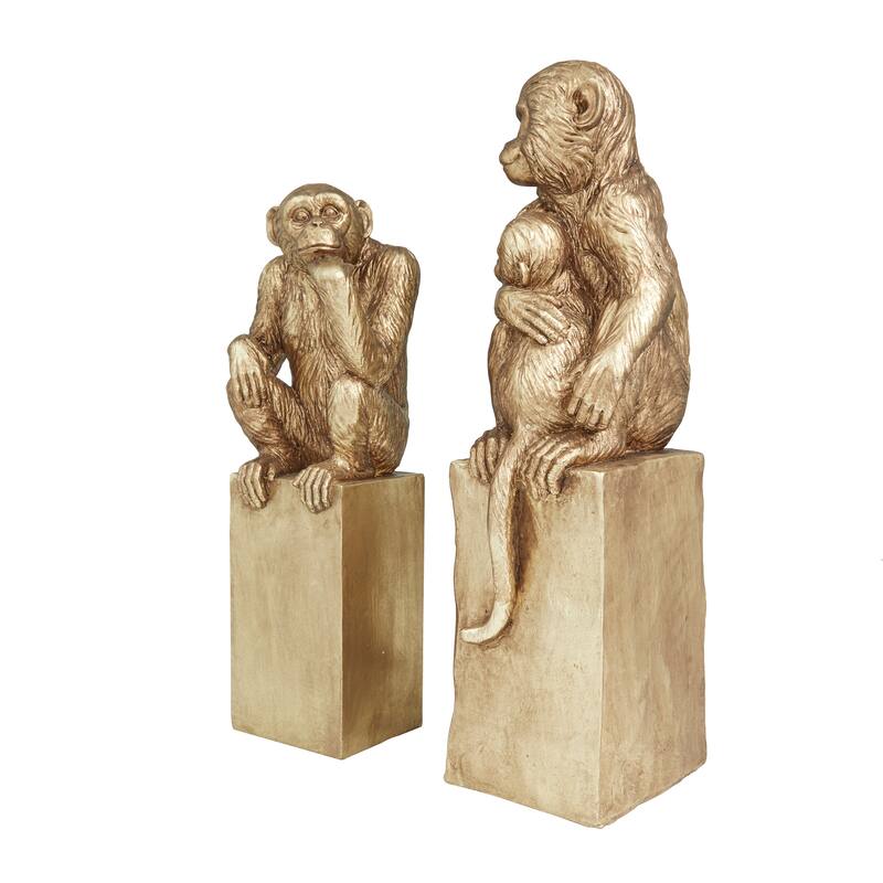 Gold Resin Monkey Decorative Sculpture (Set of 2) - 7 x 6 x 18 and 5 x 6 x 13