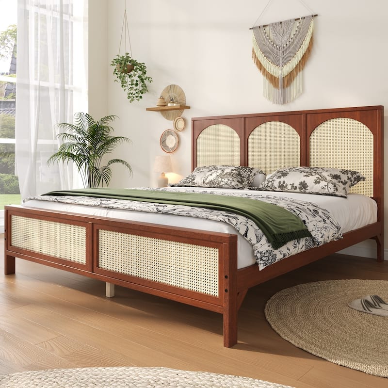 GDFStudio - Modern Wooden Platform Bed with Rattan Headboard and Footboard