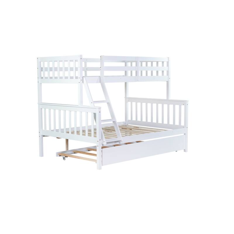 Roomfitters Twin Over Full Rubber Wood Bunk Bed with Trundle, Detachable Convertible Bunk Bed with Ladder and Guardrails