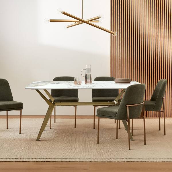 Marble Veneer Table Top Dining Table with Bronze Gold Curved XShaped