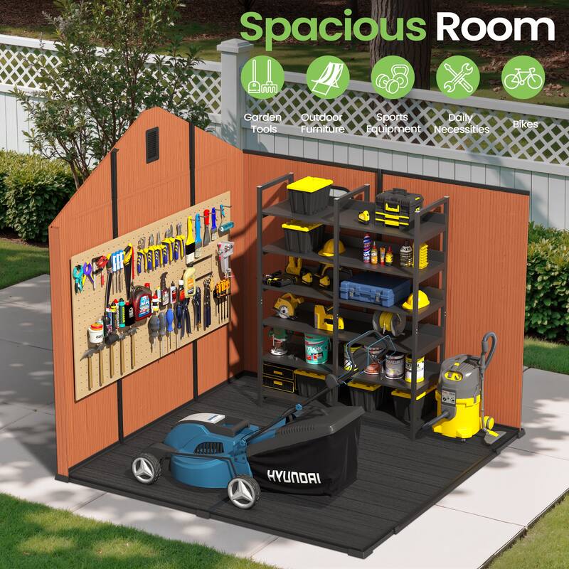 8X8 FT All-Weather Waterproof Outdoor Resin Storage Shed Windows Lockable Door with Floor for Patio Furniture and Tools