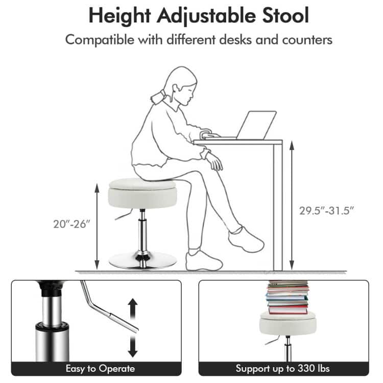Adjustable Swivel Storage Vanity Stool with Removable Tray - 16.5" x 16.5" x 20-26"